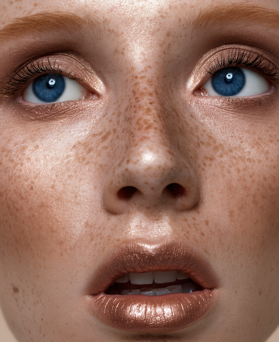 Close-up of a freckled face with blue eyes and glossy lips