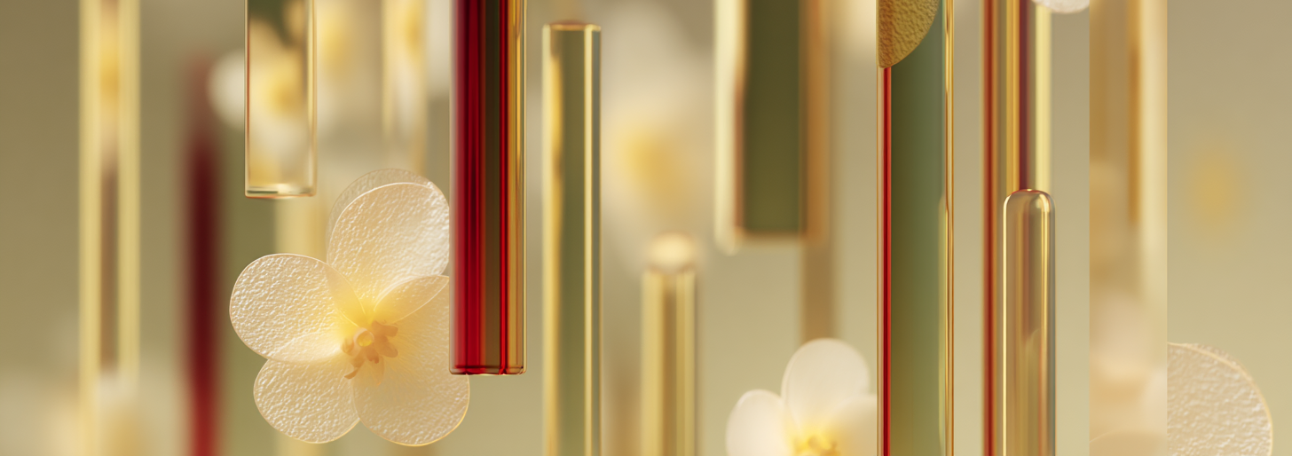 Golden glass tubes and white flowers suspended in soft light