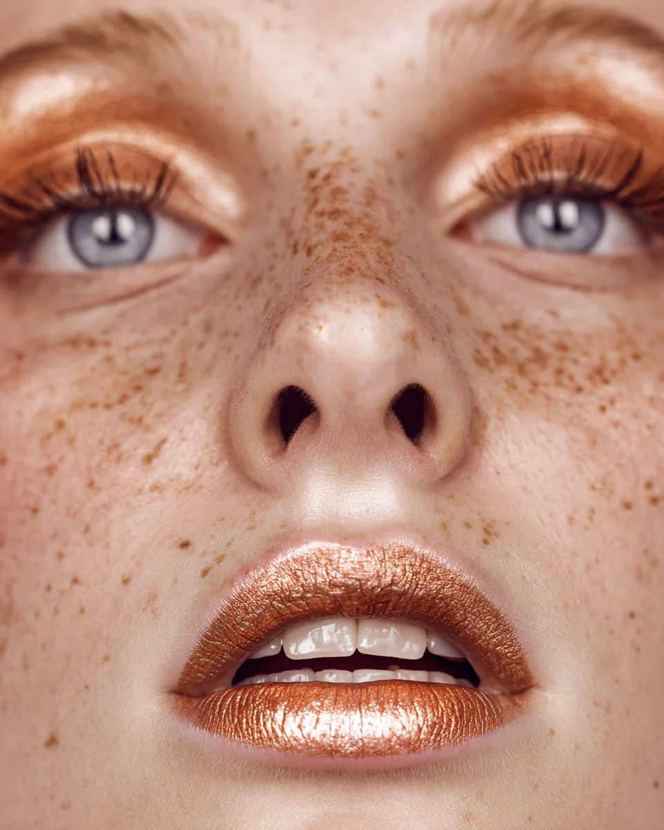 AI-generated close-up of a freckled face with blue eyes and bronze lips