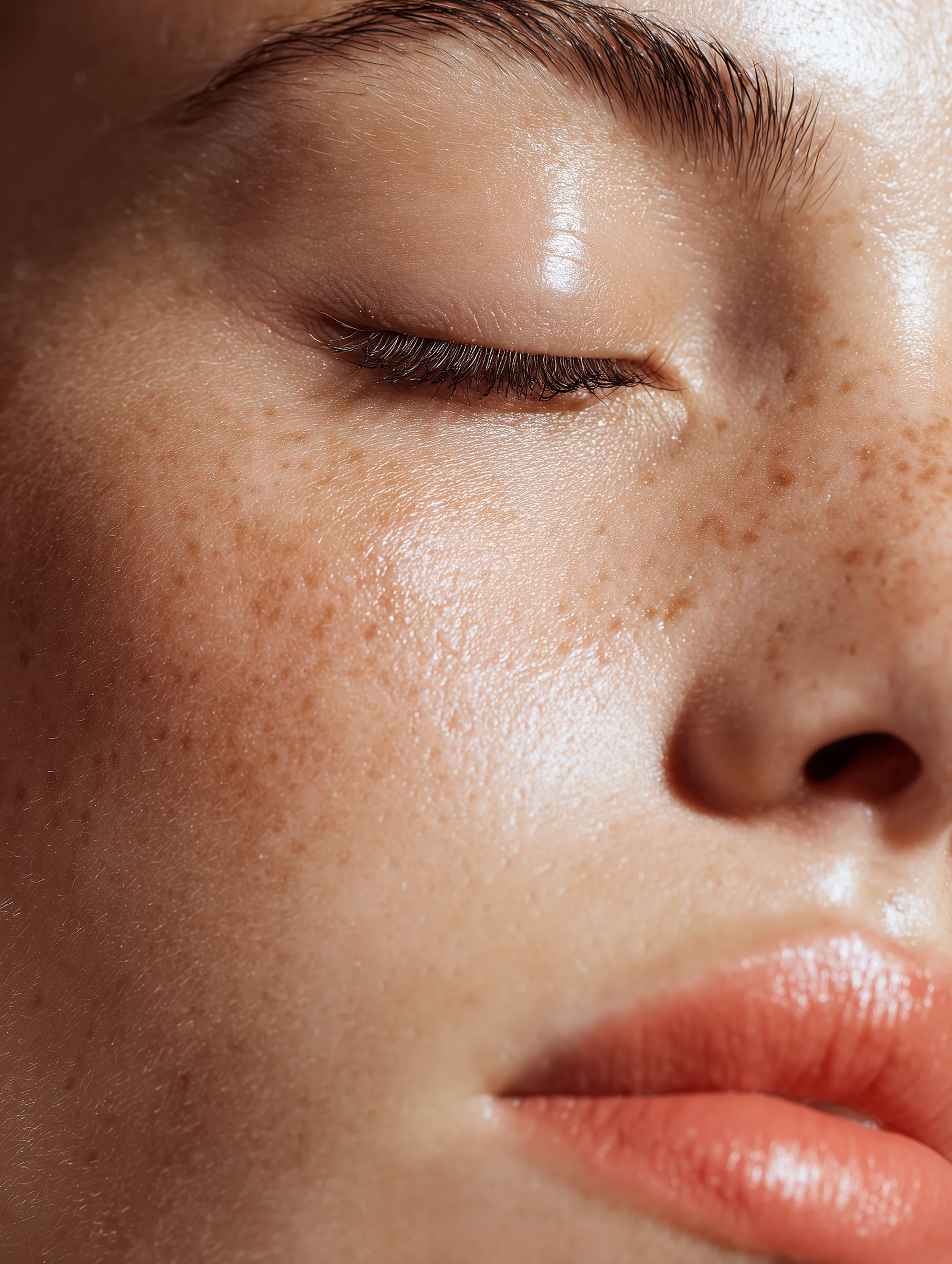 AI-generated low-angle close-up of luminous skin and peach lips