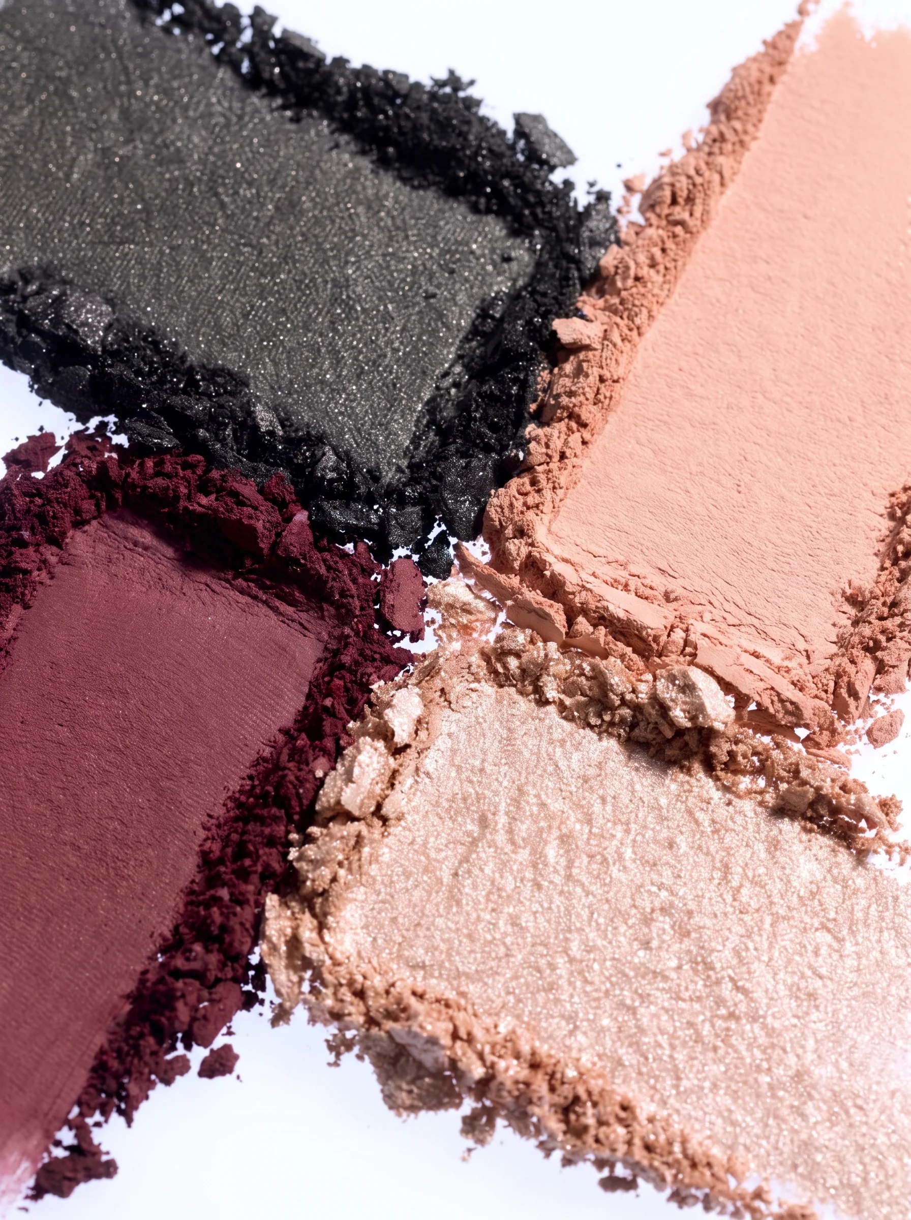 AI-generated crushed eyeshadows in charcoal, plum and nude
