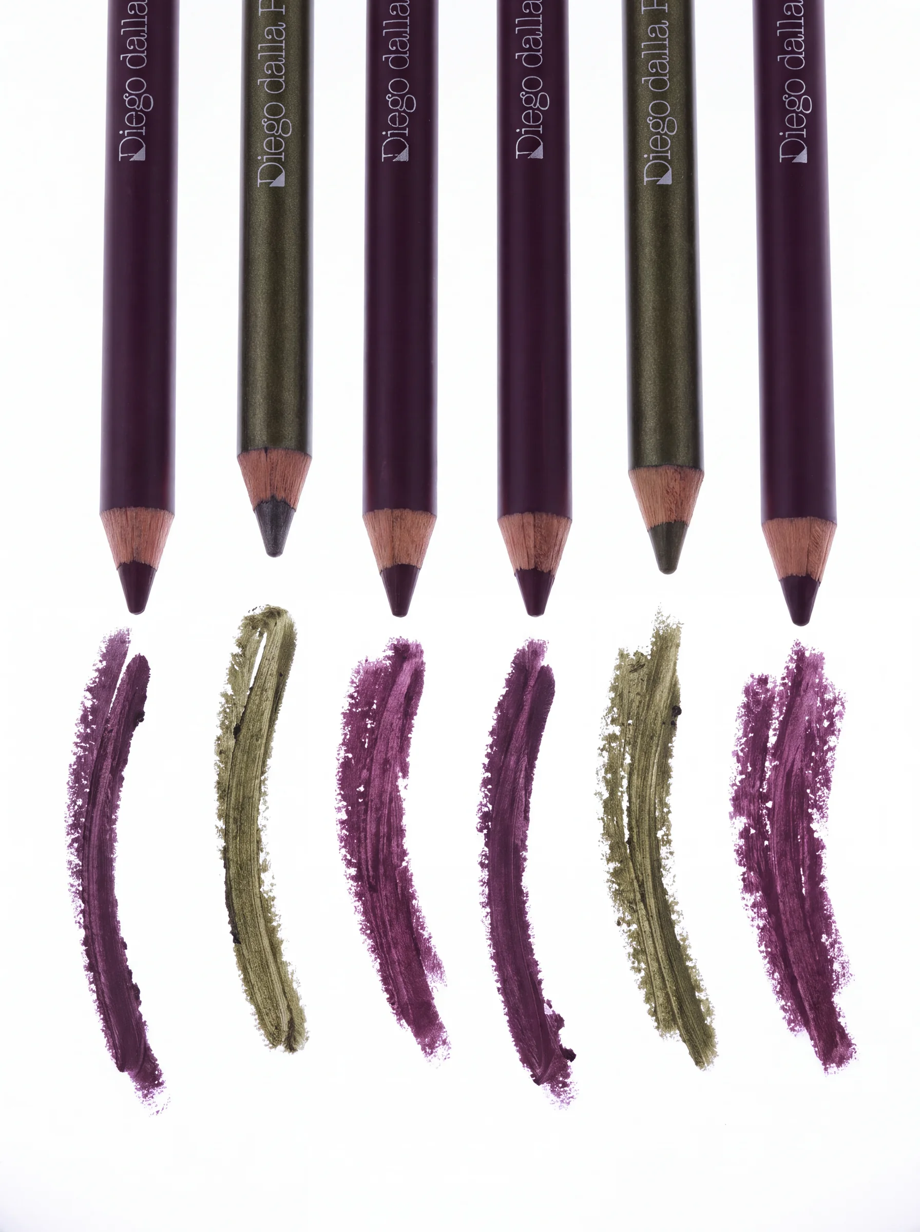 AI-generated Diego dalla Palma eye pencils with their colour strokes in plum and olive