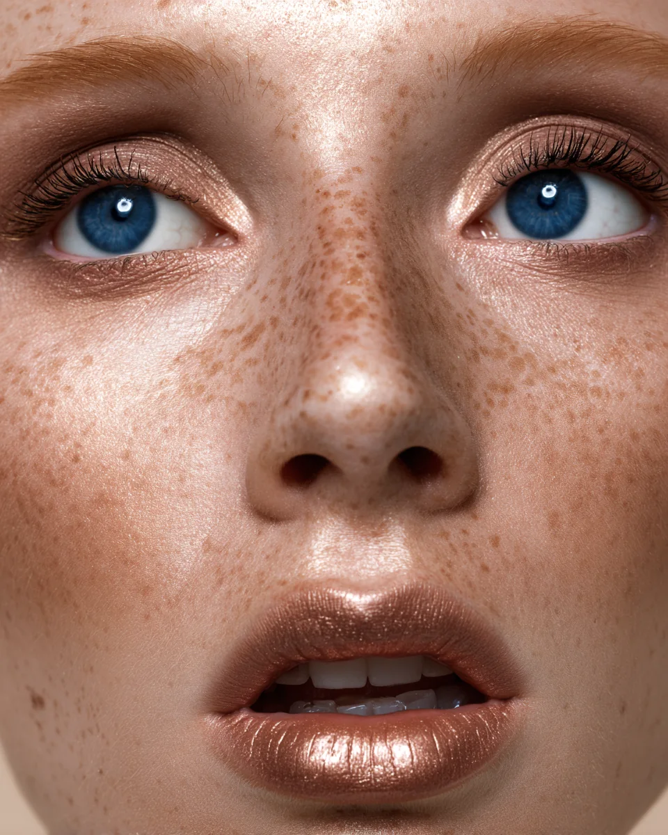 AI-generated close-up of a freckled face with copper eyeshadow and bronze lips