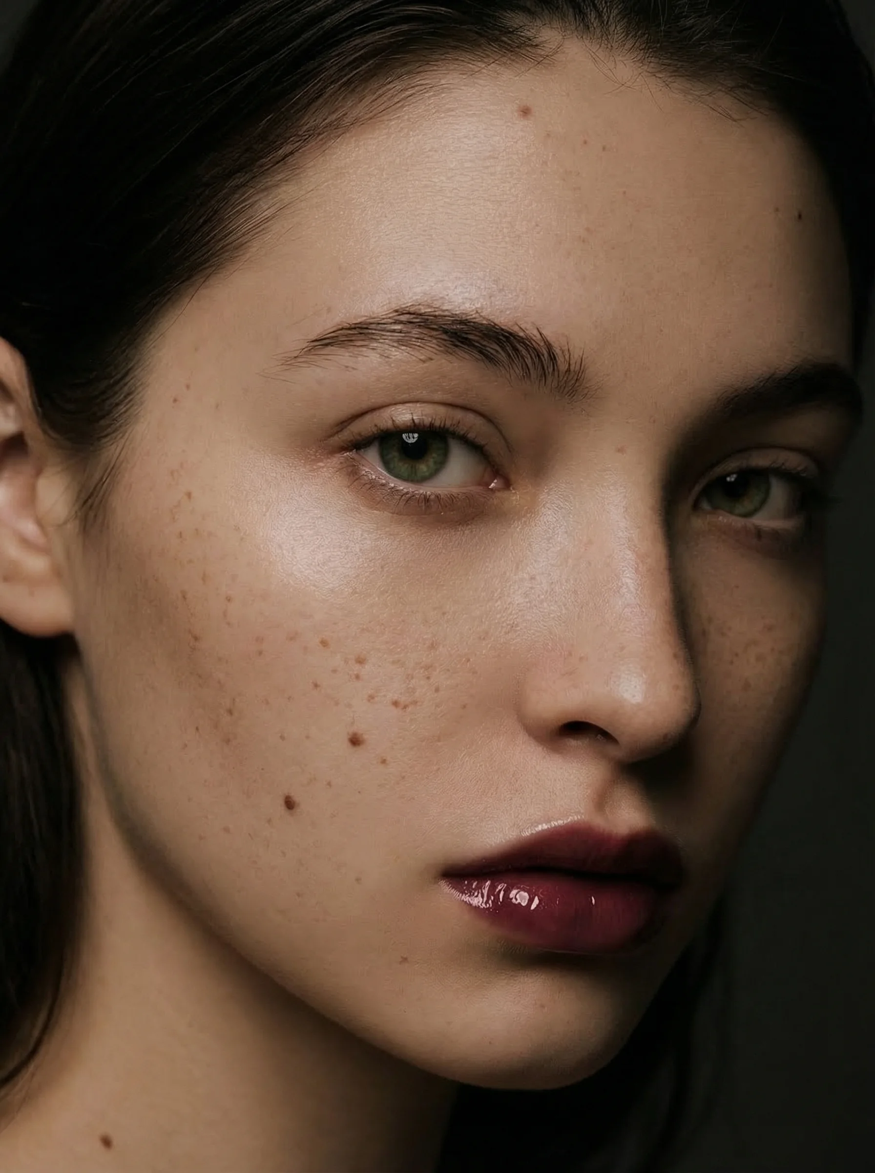 AI-generated beauty portrait of the same model, three-quarter view