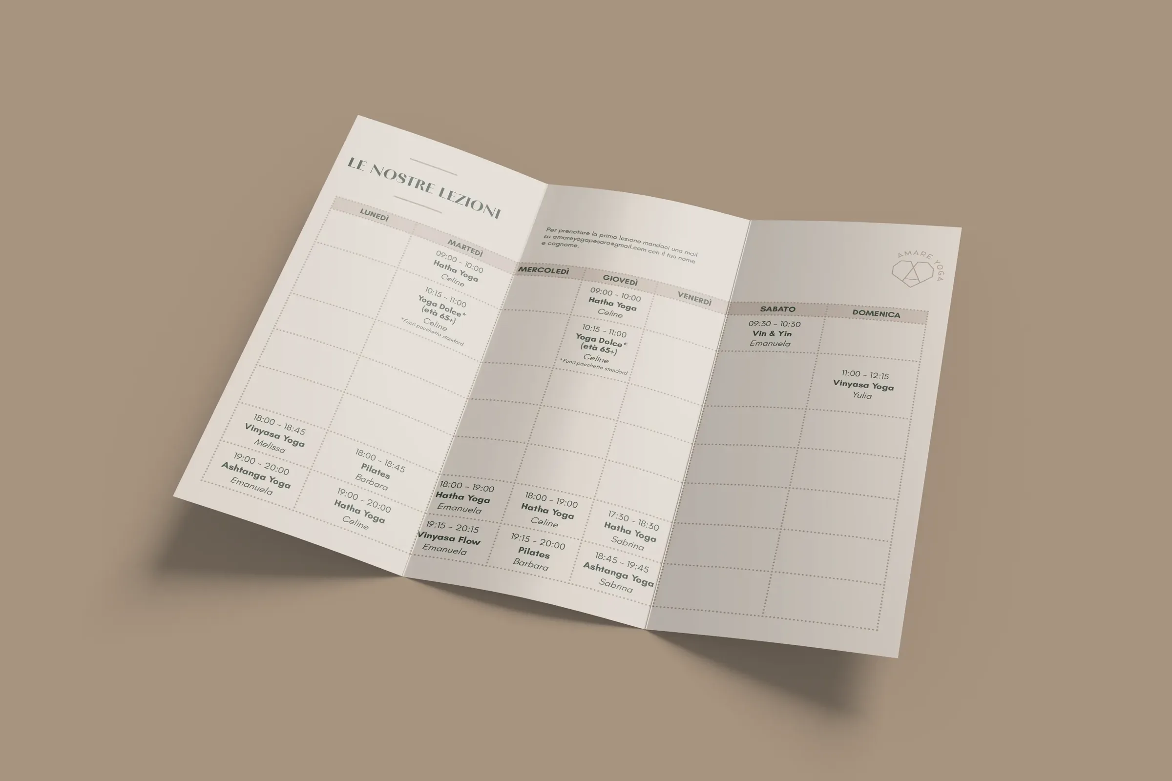 Amare Yoga class timetable brochure, view 1