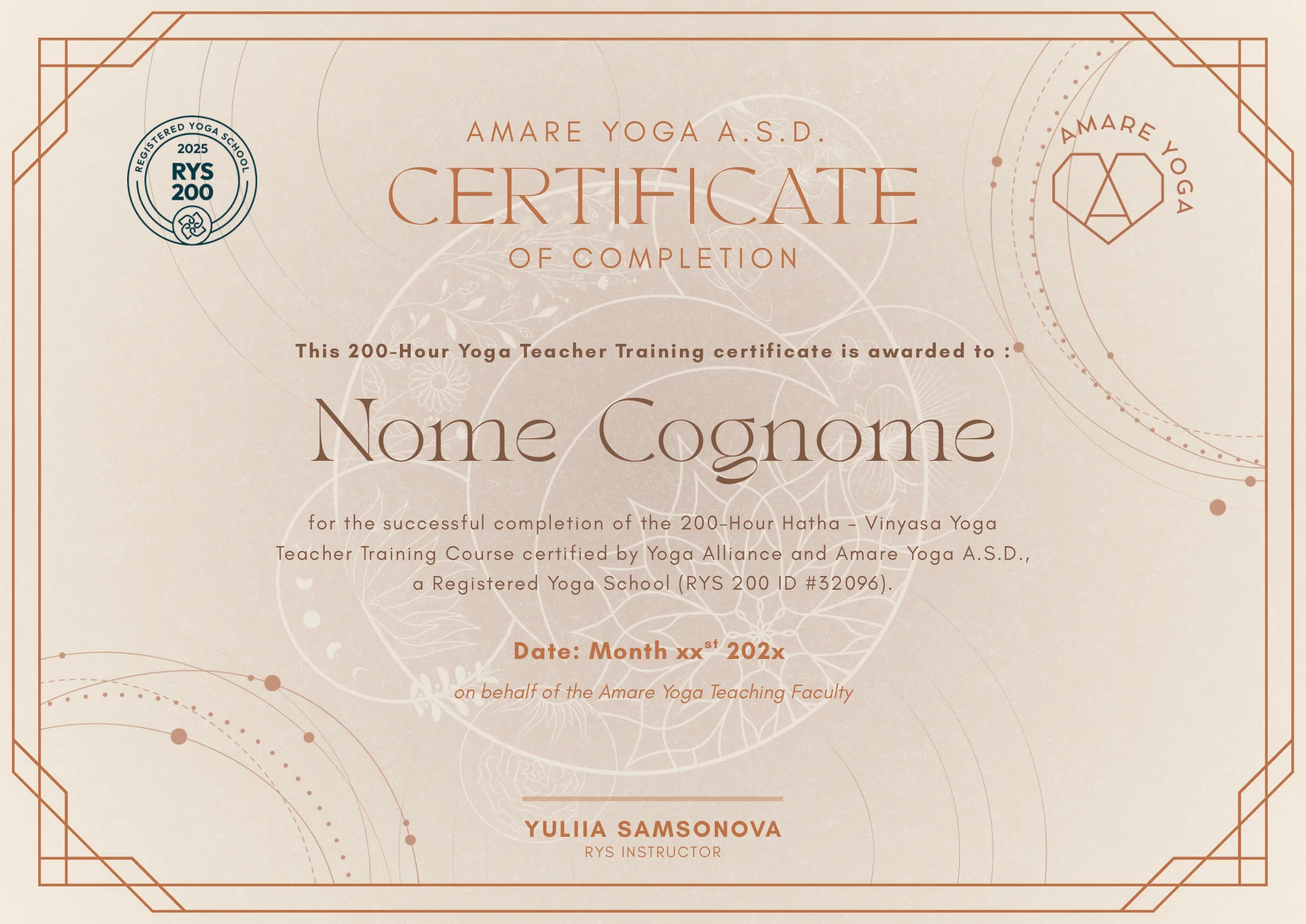 Amare Yoga Teacher Training certificate of completion