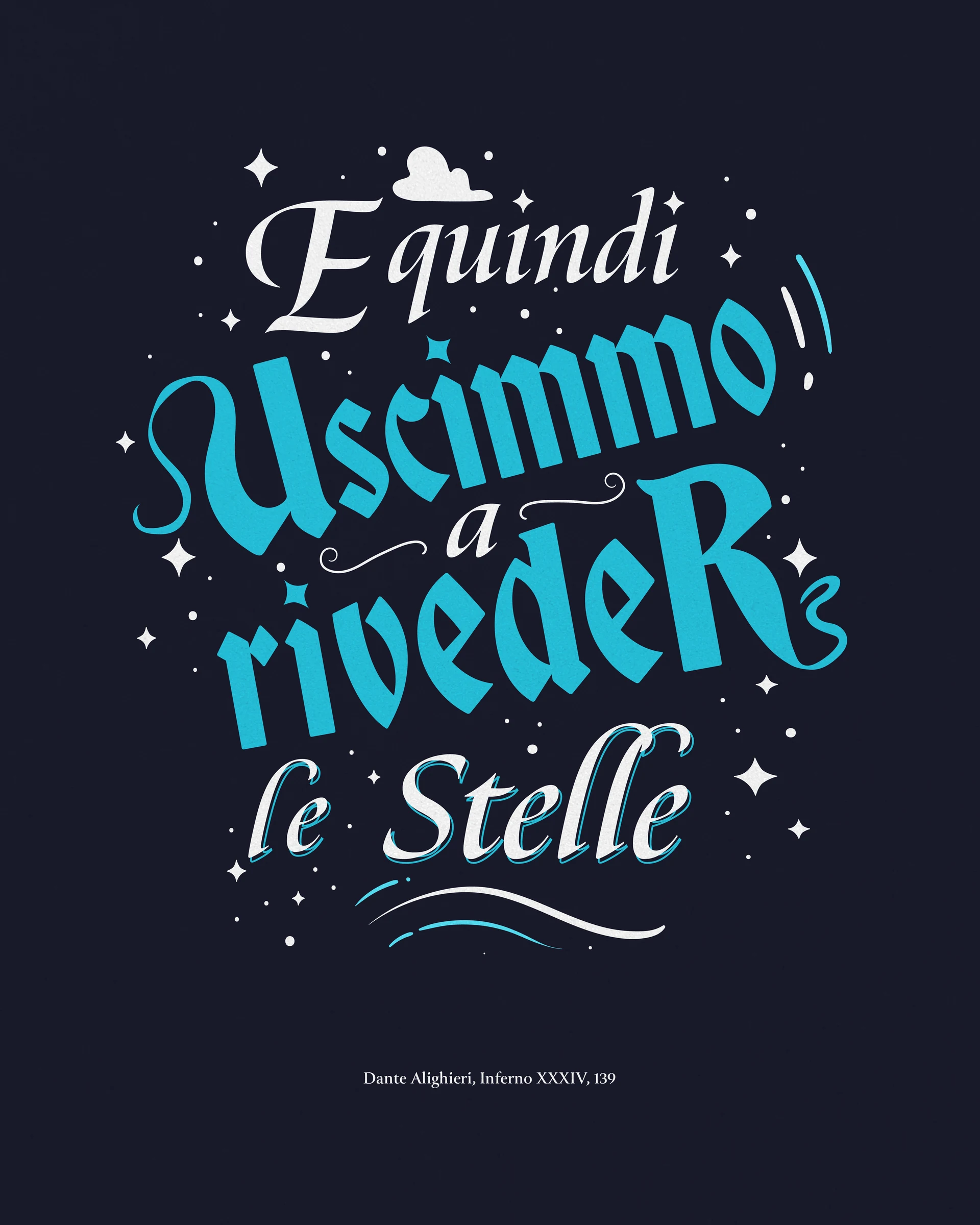 Lettering “E quindi uscimmo a riveder le stelle” (Inferno XXXIV, 139) in turquoise on dark blue with stars