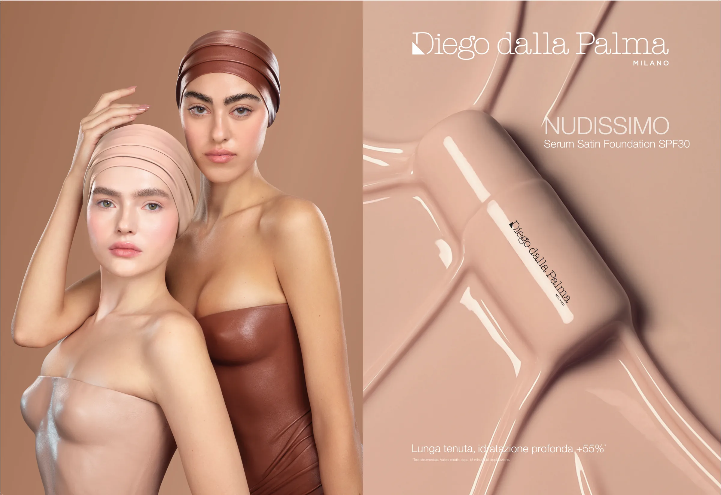 NUDISSIMO campaign key visual: two models in skin-toned bustiers next to the foundation bottle