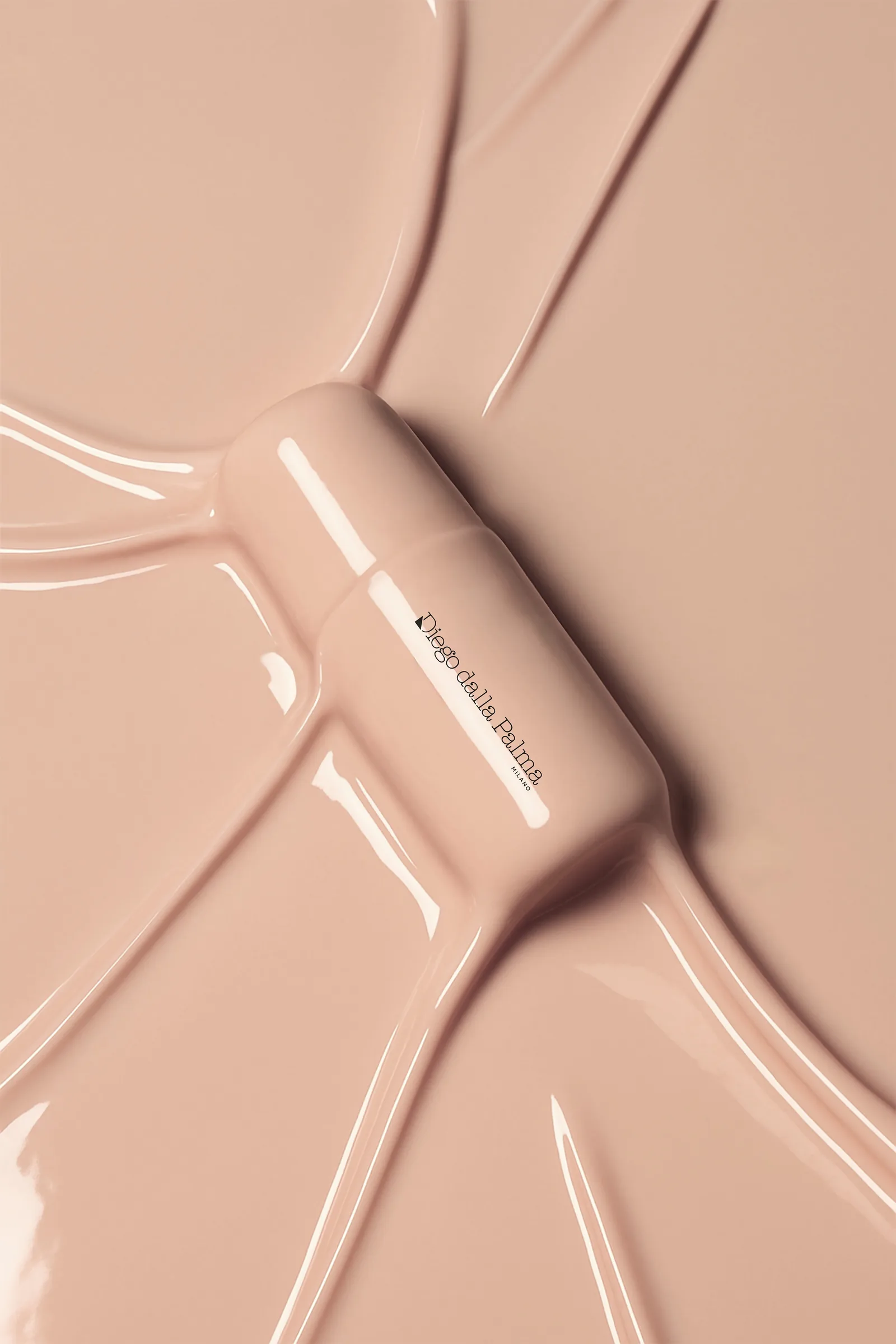 AI still life: the NUDISSIMO bottle in a glossy, fluid nude material