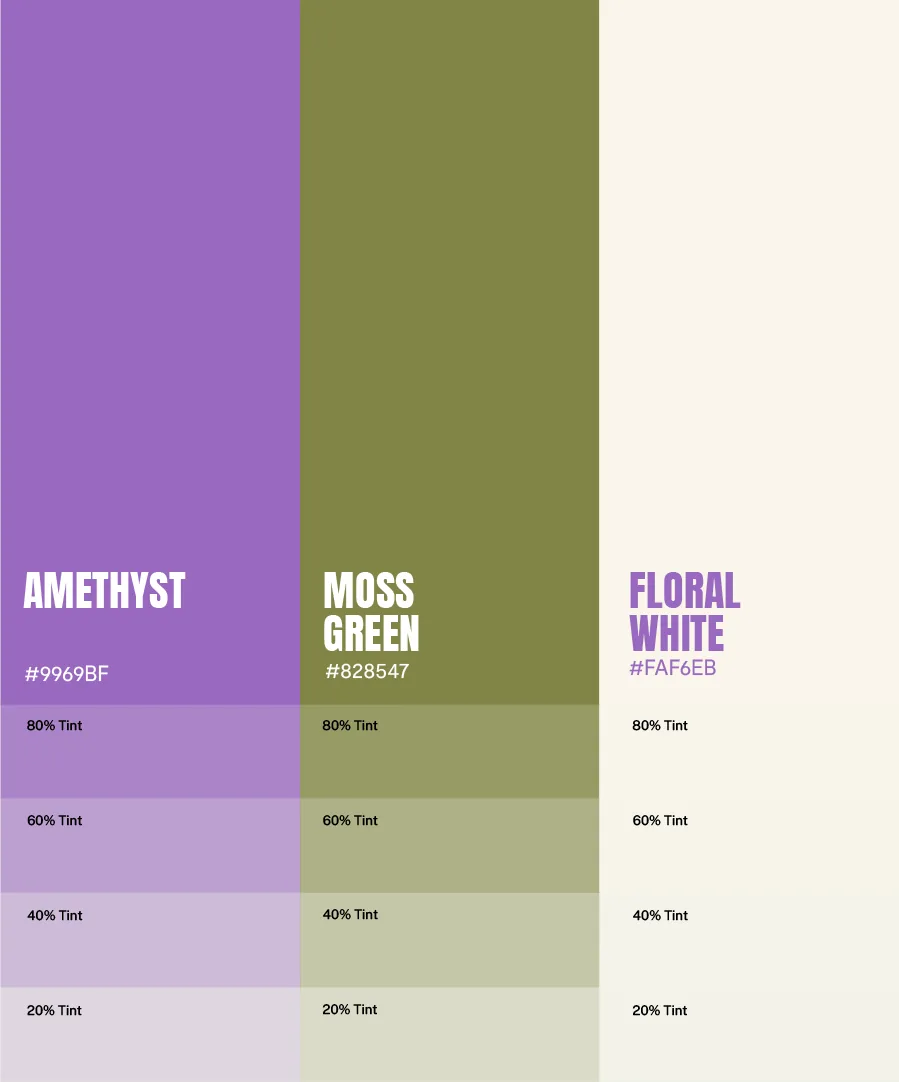 yogacall.it colour palette: amethyst, moss green and floral white with their tints