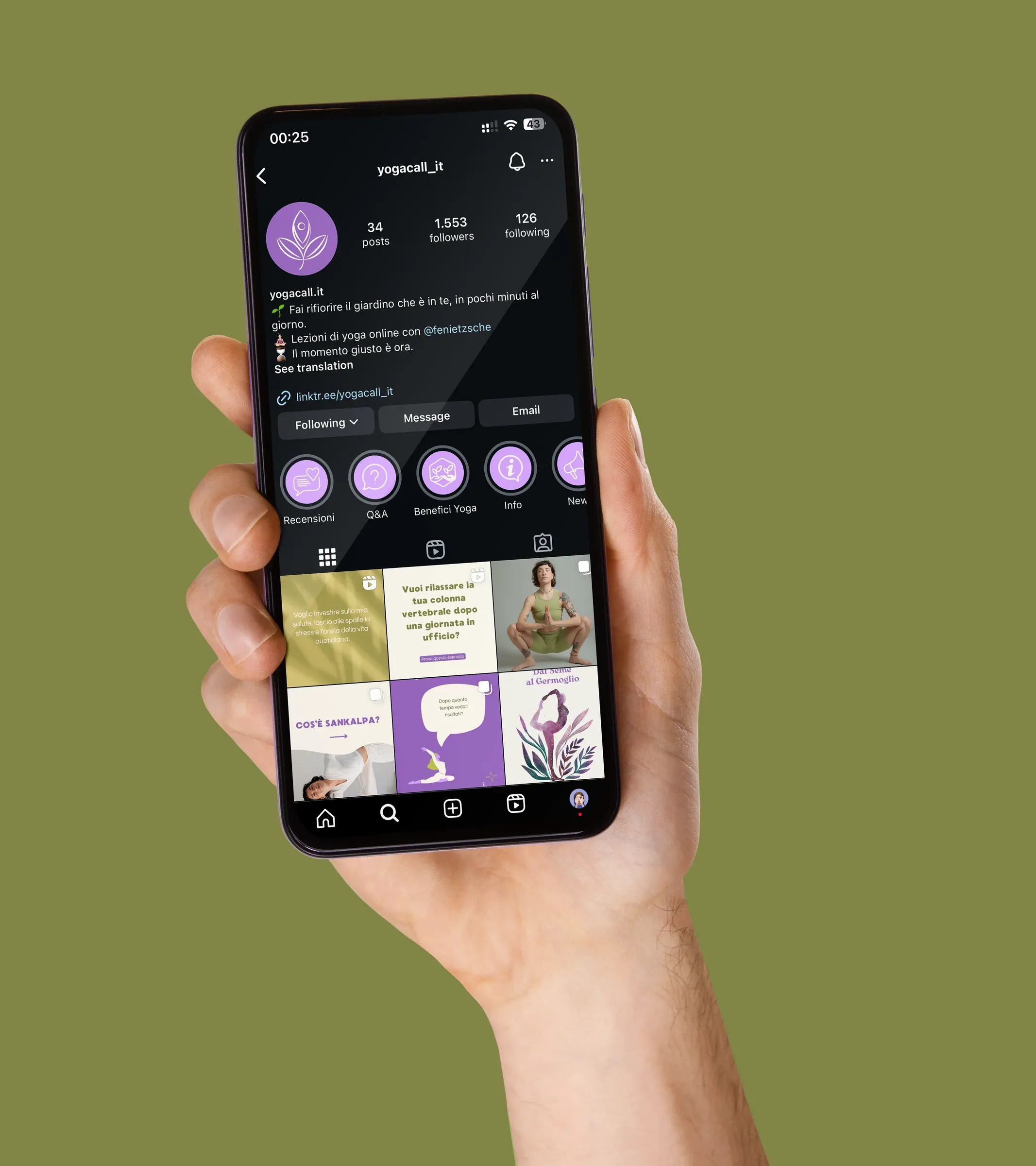 yogacall.it Instagram profile on a smartphone